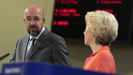 European Council President Charles Michel, left, and European Commission President Ursula von der Leyen at EU headquarters in Brussels, May 15, 2023. 