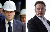 French President Emmanuel Macron at the Aluminium Dunkerque factory in Dunkirk, France, May 12, 2023, and Tesla CEO Elon Musk in Robstown, Texas, May 8, 2023. 