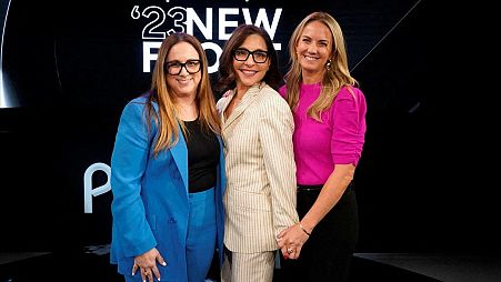 NBCUniversal's Susan Rovner, Linda Yaccarino and Kelly Campbell pose for a photo at the Peacock NewFront 2023 event in New York, USA, May 2, 2023.