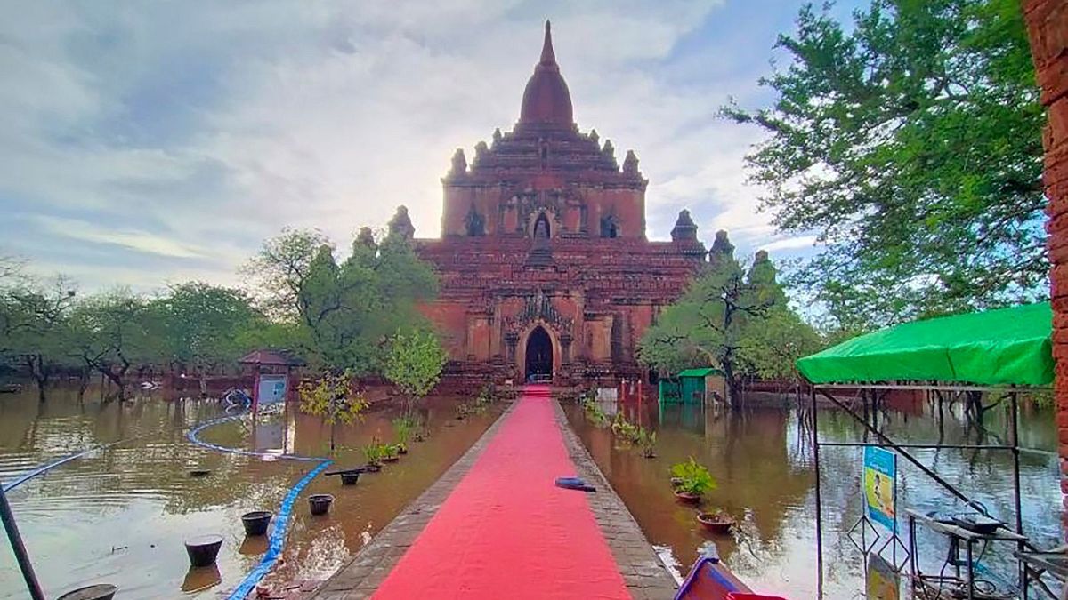 flooded areas caused by Cyclone Mocha near old temple in Bagan, Central Myanmar.