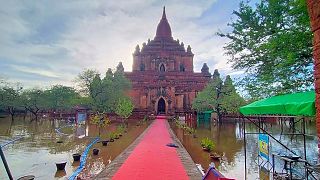 flooded areas caused by Cyclone Mocha near old temple in Bagan, Central Myanmar.