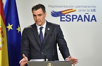 Spain's Prime Minister Pedro Sanchez speaks during a media conference at an EU summit in Brussels, March 24, 2023. 
