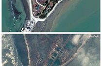 This combination of Feb. 17 and May 15, 2023 photos provided by Maxar Technologies shows the site of a lighthouse in Sittwe, Myanmar, before and after Cyclone Mocha .