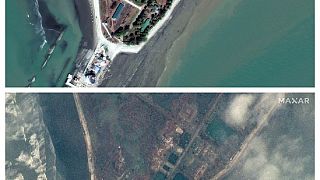This combination of Feb. 17 and May 15, 2023 photos provided by Maxar Technologies shows the site of a lighthouse in Sittwe, Myanmar, before and after Cyclone Mocha .