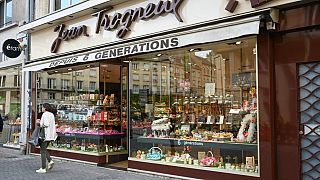 Chocolate shop owned by French First Lady Brigitte Macron's grandnephew Jean-Baptiste Trogneux who was attacked by anti-government protesters, in Amiens on May 16, 2023. 