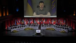 Ukraine's President Volodymyr Zelenskyy addresses, via videolink, the opening ceremony of the Council of Europe summit in Reykjavik, Iceland, Tuesday, May 16, 2023.