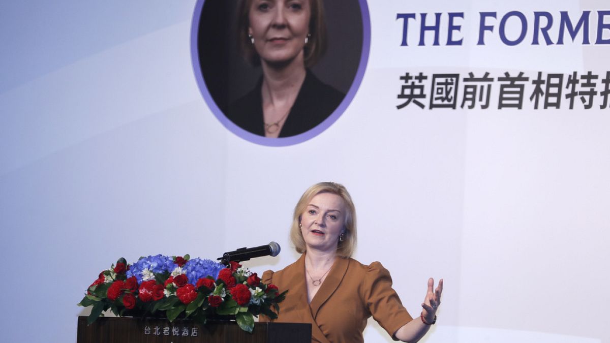 Former UK Prime Minister Liz Truss delivers a speech on the second day of her five-day visit in Taipei, Taiwan, Wednesday, May 17, 2023. 