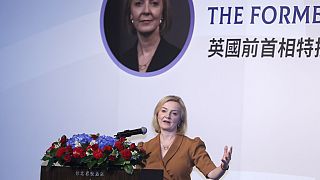 Former UK Prime Minister Liz Truss delivers a speech on the second day of her five-day visit in Taipei, Taiwan, Wednesday, May 17, 2023.