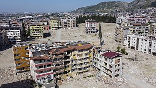 Destroyed or severally damaged buildings after a powerful earthquake in Antakya, southeastern Turkey,May 10, 2023