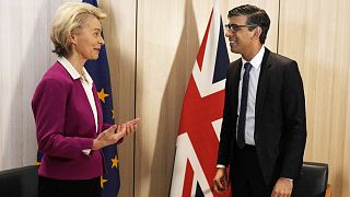 Britain's Prime Minister Rishi Sunak, right, speaks with European Commission President Ursula von der Leyen at a Council of Europe summit in Reykjavik, Iceland, May 16, 2023..