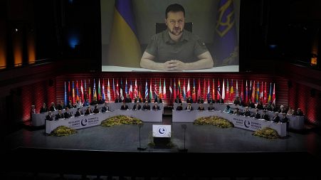 Ukraine's President Volodymyr Zelenskyy addresses, via videolink, the opening ceremony of the Council of Europe summit in Reykjavik, Iceland, May 16, 2023.