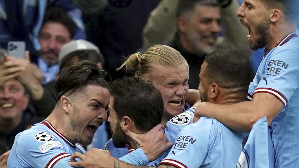 Manchester City's Bernardo Silva, second left, celebrates with teammates during the Champions League semi-final second leg match between Manchester City and Real Madrid.