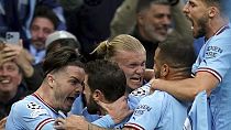 Manchester City's Bernardo Silva, second left, celebrates with teammates during the Champions League semi-final second leg match between Manchester City and Real Madrid.