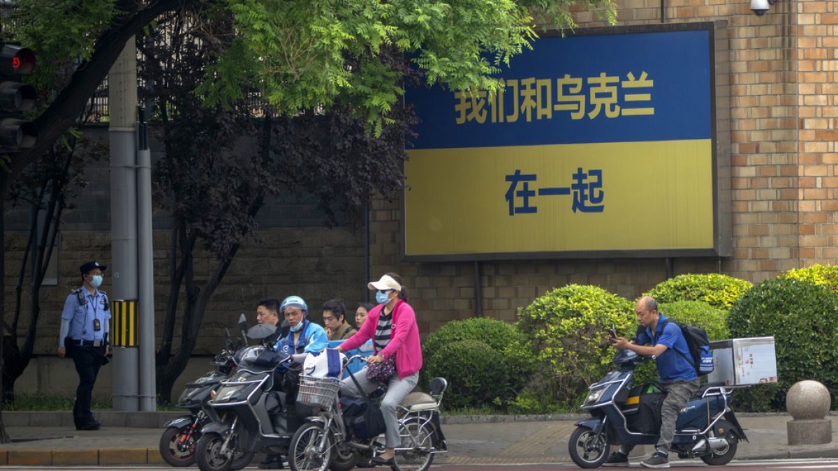 "We stand with Ukraine" outside the Canadian Embassy in Beijing, Wednesday, May 17, 2023. E