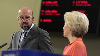 European Council President Charles Michel, left, and European Commission President Ursula von der Leyen at EU headquarters in Brussels, Monday, May 15, 2023