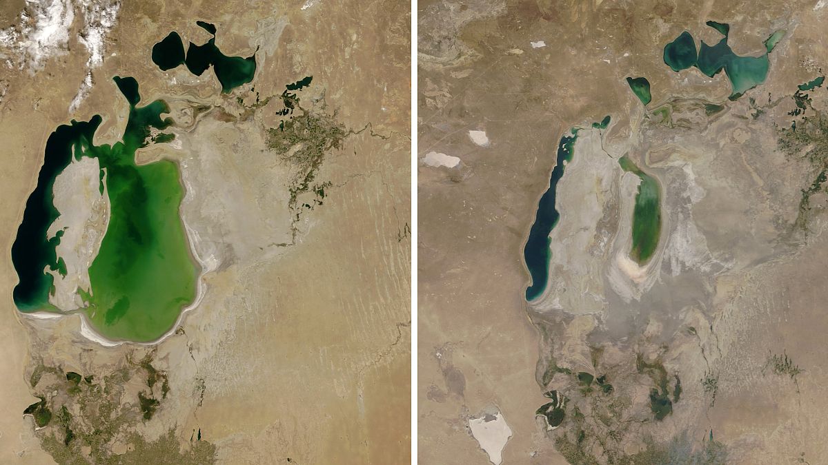 تظهر هذه الصور التي قدمها مرصد الأرض التابع لناسا أن بحر آرال مرئي في 25 أغسطس 2000، على اليسار، وفي 21 أغسطس 2018 بين كازاخستان وأوزبكستان.