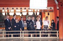 From left, Charles Michel, Justin Trudeau, Giorgia Meloni, Rishi Sunak, Emmanuel Macron, Olaf Scholz, Ursula von der Leyen and Joe Biden  with Fumio Kishida.