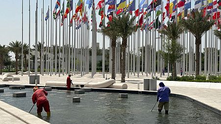 Foreign workers clean a pond in Doha on 10 May 2023, as the International Conference on Occupational Heat Stress is held in Qatar.