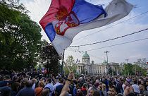 People march during a protest against violence in Belgrade, Serbia, Friday, May 19, 2023.
