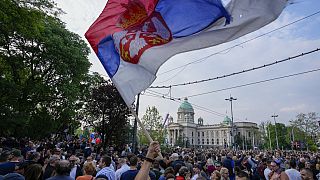 People march during a protest against violence in Belgrade, Serbia, Friday, May 19, 2023.