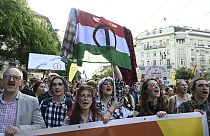 Students march from the Parliament building towards the Oktogon square during a demonstration in Budapest, Hungary, Friday, May 19, 2023.