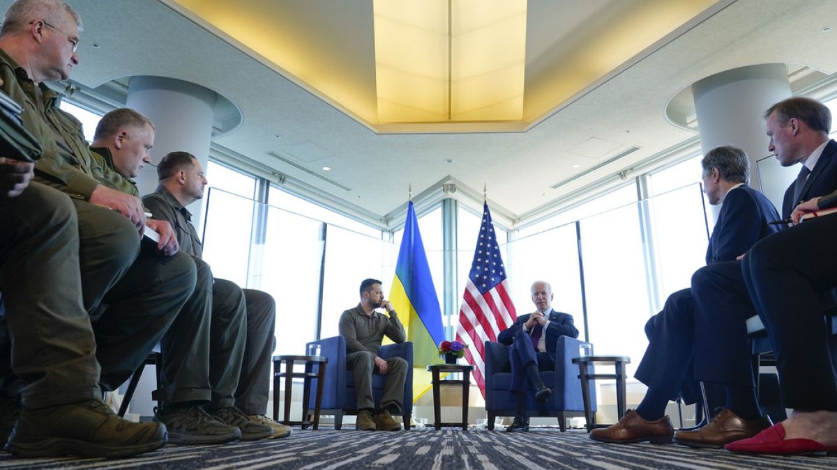 President Joe Biden meets with Ukrainian President Volodymyr Zelenskyy on the sidelines of the G7 Summit in Hiroshima, Japan, Sunday
