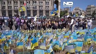 Homenaje en Kiev, capital de Ucrania, a los defensores de Azovstal. 