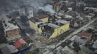 Vue aérienne de Bakhmout, théâtre de batailles intenses entre troupes russes et ukrainiennes, dans la région de Donetsk, en Ukraine, le dimanche 26 mars 2023.