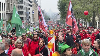 Демонстрация в Брюсселе под флагами профсоюзов 