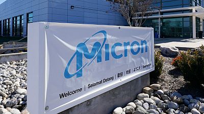 A sign marks the entrance of the Micron Technology automotive chip manufacturing plant on Feb. 11, 2022, in Manassas, Va., USA.