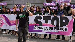 Animal rights activists gather to protest outside the Agriculture Ministry in Madrid, Spain, 21 May 2023.