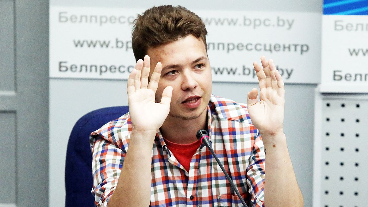 Роман Протасевич на брифинге белорусского МИД, 14 июня 2021 года.