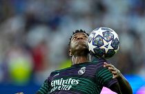 Real Madrid's Vinicius Junior controls the ball during warm up before the Champions League semifinal, May 2023