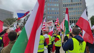 Tüntetők az Európai Bizottság épülete előtt
