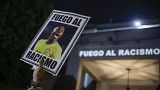 Poster against the racism suffered by Vinicius, who plays for Spain's Real Madrid, outside the Spanish Consulate in Sao Paulo, Brazil, Tuesday, May 23