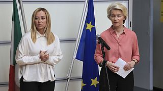 Italian Premier Girogia Meloni, left, and the EU's Commission President Ursula von der Leyen met the media after visiting areas devastated by the floods