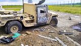 A damaged armored military vehicle is seen after fighting in Russia's western Belgorod region on Tuesday, May 23, 2023.