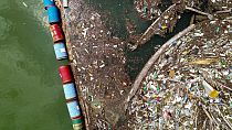 Plastic garbage clog the Drina river near the eastern Bosnian town of Visegrad, Bosnia, May 25, 2023. 