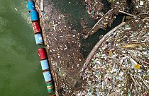 Plastic garbage clog the Drina river near the eastern Bosnian town of Visegrad, Bosnia, May 25, 2023.