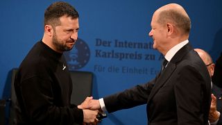 German Chancellor Olaf Scholz shakes hands with Ukrainian President Volodymyr Zelensky