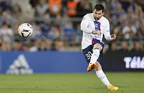 PSG's Lionel Messi kicks the ball during the French League One match between Strasbourg and Paris Saint Germain at Stade de la Meinau stadium in Strasbourg, 27 May 2023
