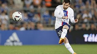 PSG's Lionel Messi kicks the ball during the French League One match between Strasbourg and Paris Saint Germain at Stade de la Meinau stadium in Strasbourg, 27 May 2023