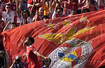 Benfica's Goncalo Ramos celebrates after scoring the opening goal during the Portuguese League last round soccer match between Benfica and Santa Clara at the Luz stadium.