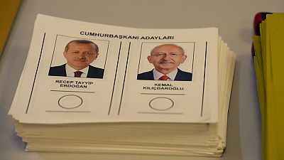 A ballot with the names and images of two presidential candidates, Recep Tayyip Erdogan and Kemal Kilicdaroglu, at a polling station, in Ankara, Turkey, Sunday, May 28, 2023