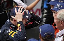 Red Bull driver Max Verstappen of the Netherlands celebrates after winning the Monaco Formula One Grand Prix, at the Monaco racetrack, in Monaco, Sunday, May 28, 2023.