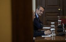 New Democracy leader Kyriakos Mitsotakis looks on during a meeting at the presidential palace in Athens, on Wednesday, May 24, 2023. 