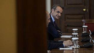 New Democracy leader Kyriakos Mitsotakis looks on during a meeting at the presidential palace in Athens, on Wednesday, May 24, 2023. 