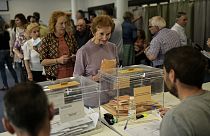 Spaniards casting their vote during regional elections, in Olite, northern Spain.