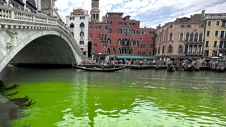 A bright patch of green is seen in the Grand Canal , in Venice, Italy, Sunday, May 28, 2023.