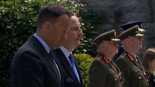 Taoiseach Leo Varadkar (left) and Tánaiste Micheál Martin  at the ceremony in Dublin's Garden of Remembrance, 28 May, 2023